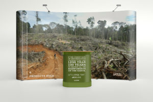 Sara Barats trade show booth showing current barren forest