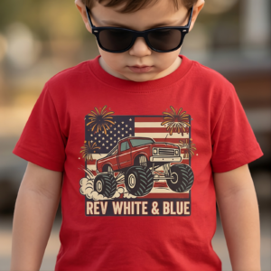 4th of July Boys Monster Truck Kids Tee Rev White & Blue